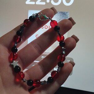 Handmade cool red black and silver star beaded bracelet with lobster claw clasp